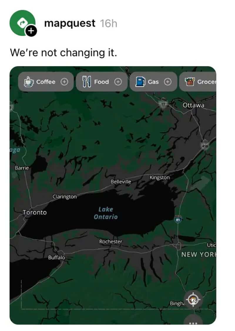 MapQuest map showing Lake Ontario and surrounding areas with a caption.