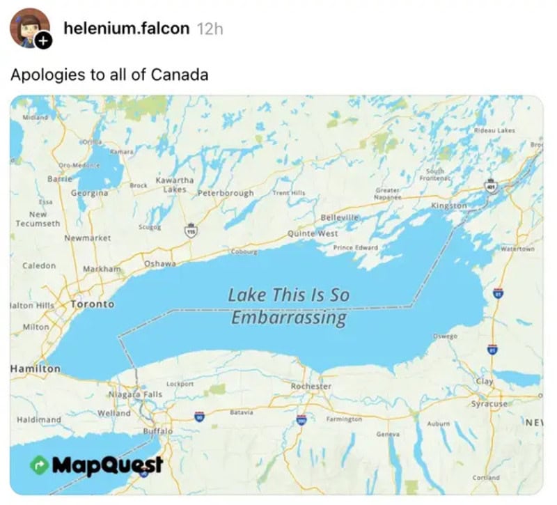 Map showing Lake Ontario with the text 'Lake This Is So Embarrassing' and a MapQuest logo.