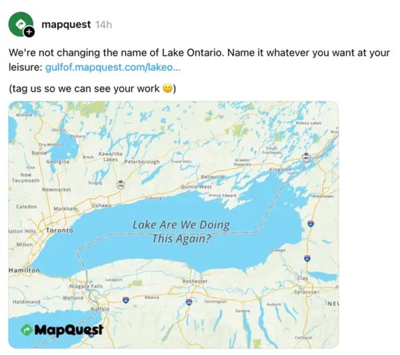 Map showing Lake Ontario with the text 'Lake Are We Doing This Again?'.