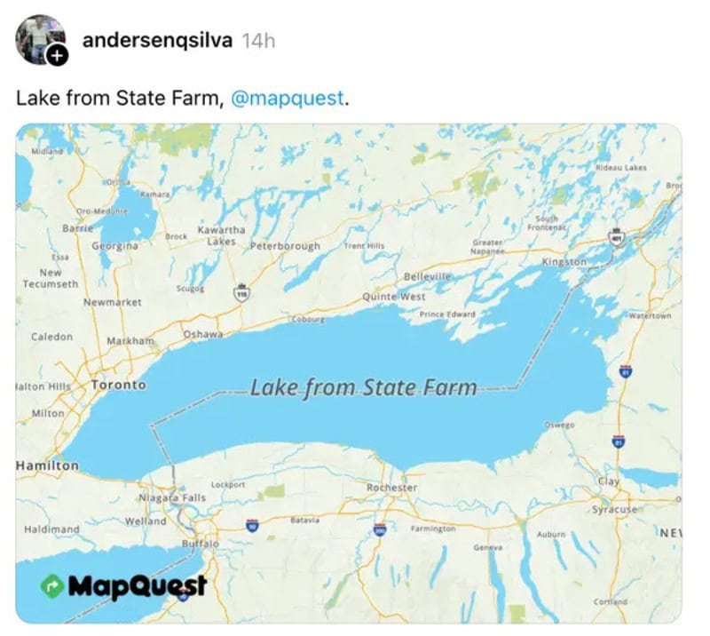 Map showing Lake from State Farm with surrounding cities and roads.