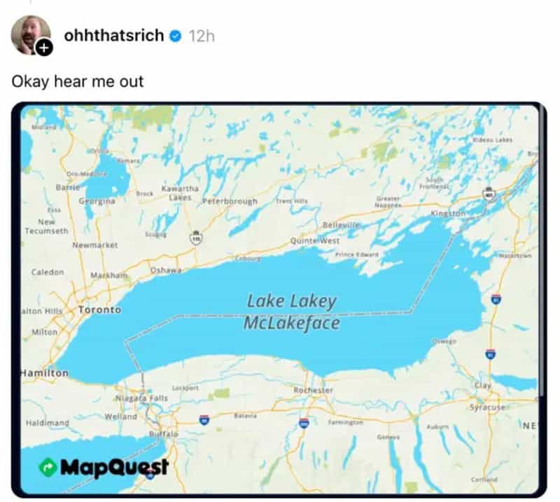 Map of Lake Ontario with McLakeface label and MapQuest logo.