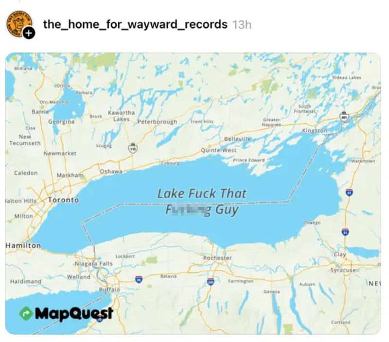 Map of Lake Ontario with humorous text overlay saying 'Lake Fuck That F***ing Guy'.
