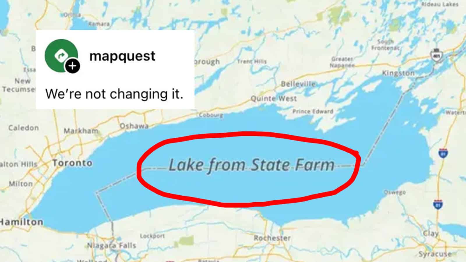 Map showing Lake Ontario with a red circle around 'Lake from State Farm'.