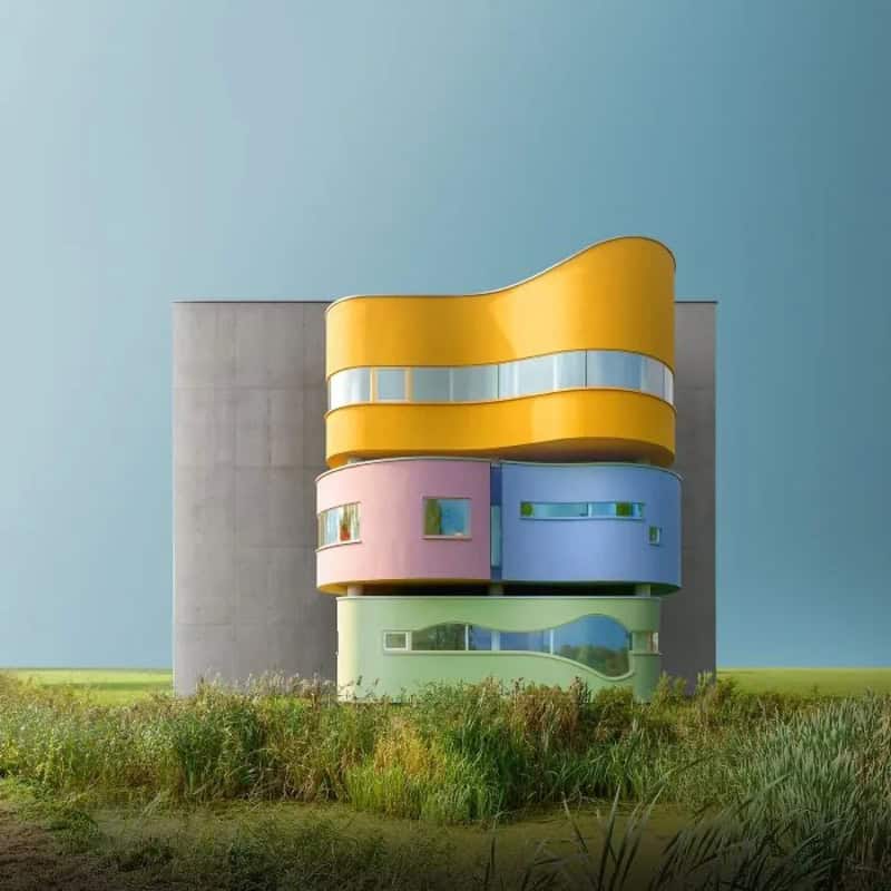 Colorful modern building with curved shapes and large windows, against a blue sky.