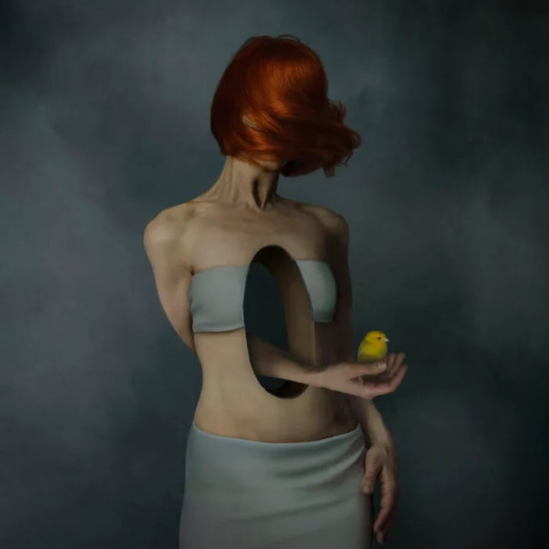 Surreal art of a woman with a hollow torso and a small yellow bird in her hand.