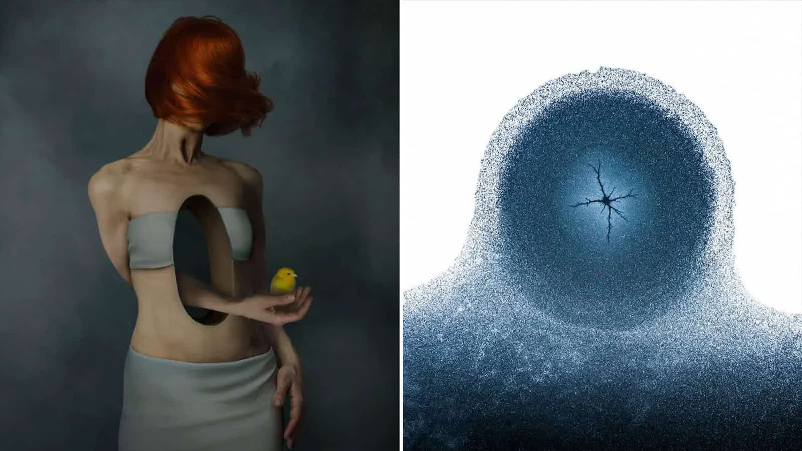 Surreal image of a woman with red hair and a yellow bird on her arm, with a dark background.