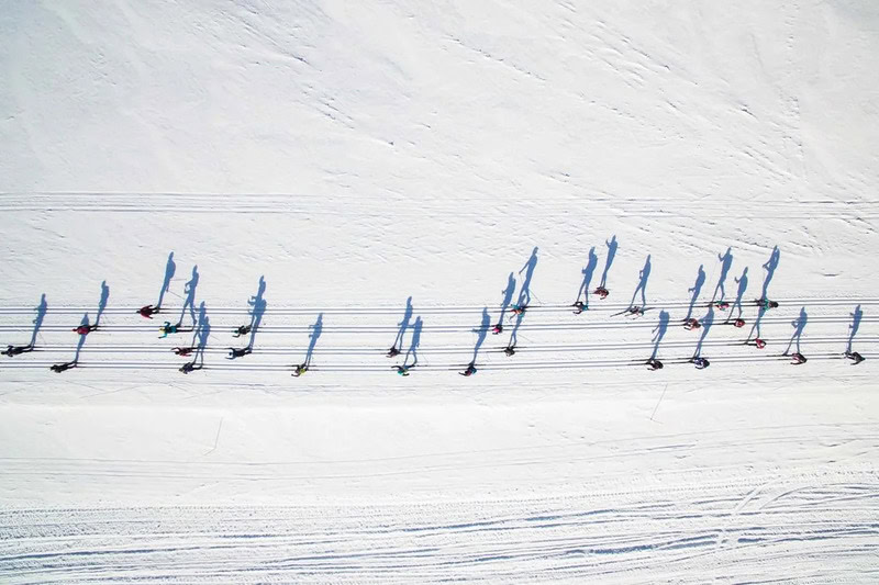 Skier silhouettes on snow with ski tracks, under a clear sky.