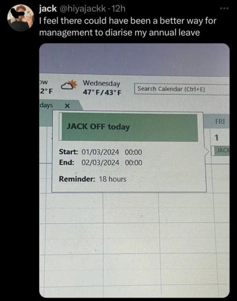 Calendar showing 'JACK OFF today' instead of 'JACK OFF' leave days.