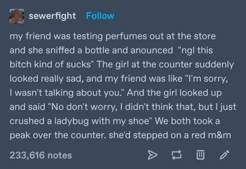 Friend testing perfumes at store, sniffing bottle, girl at counter looks sad.