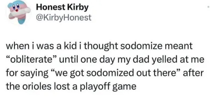 A humorous tweet about a childhood misunderstanding of the word 'obliterate'.