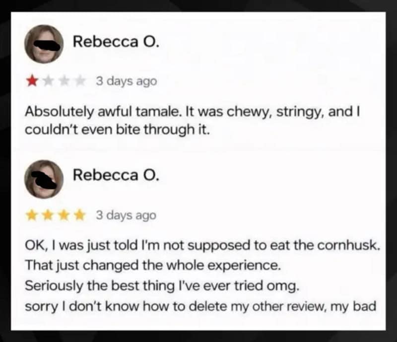 Screenshot of two reviews about tamale, one negative and one positive.
