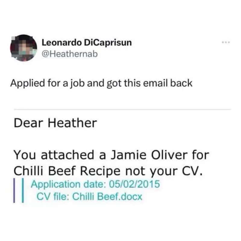 Email reply about job application with a humorous mistake in attachment.