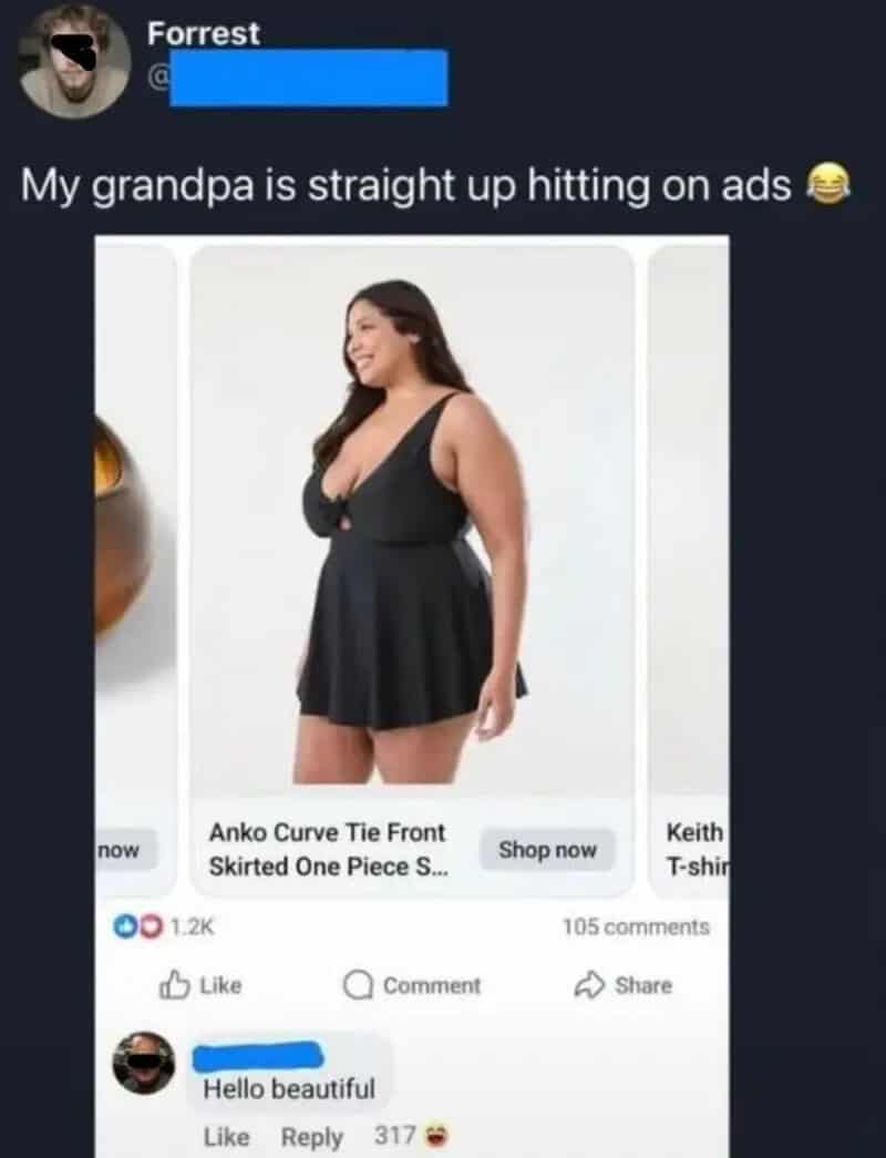 A woman in a black dress smiling, with a caption about her grandpa hitting on ads.