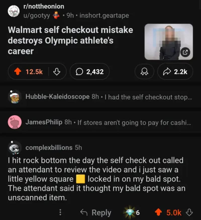 Walmart self checkout mistake destroys Olympic athlete's career, yellow square on bald spot.