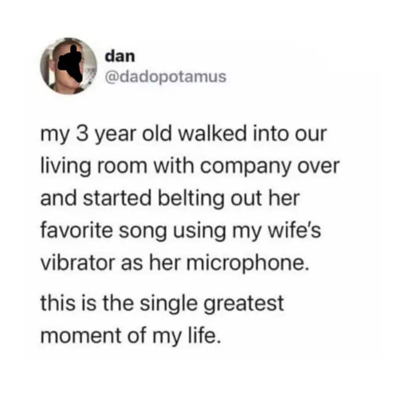 A tweet about a 3-year-old using a vibrator as a microphone during a song.
