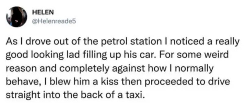 A woman notices a man filling his car at a petrol station, then kisses him and drives into a taxi.