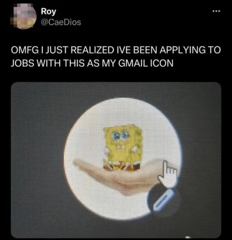 SpongeBob SquarePants on a Gmail icon with a hand cursor pointing at it.