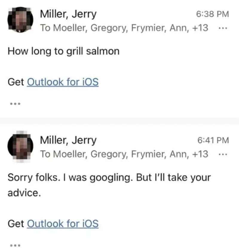 Screenshot of a text message conversation about grilling salmon and seeking advice.