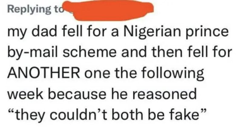 Text about a dad falling for Nigerian prince scam and then again for another scam.
