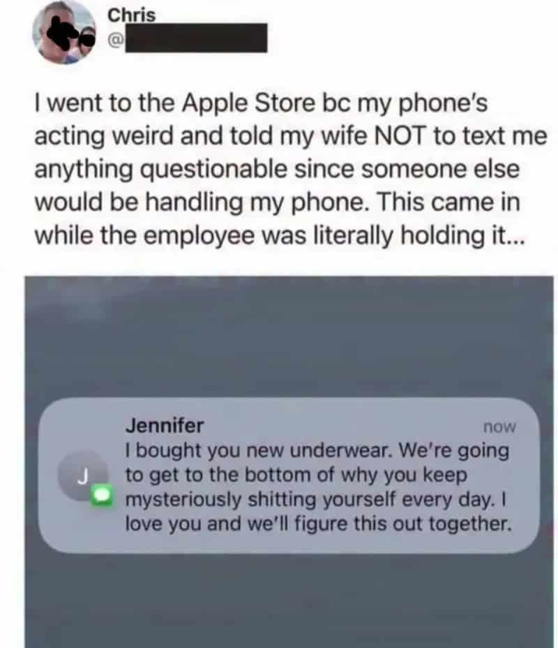 Text message from Jennifer about buying new underwear and love.