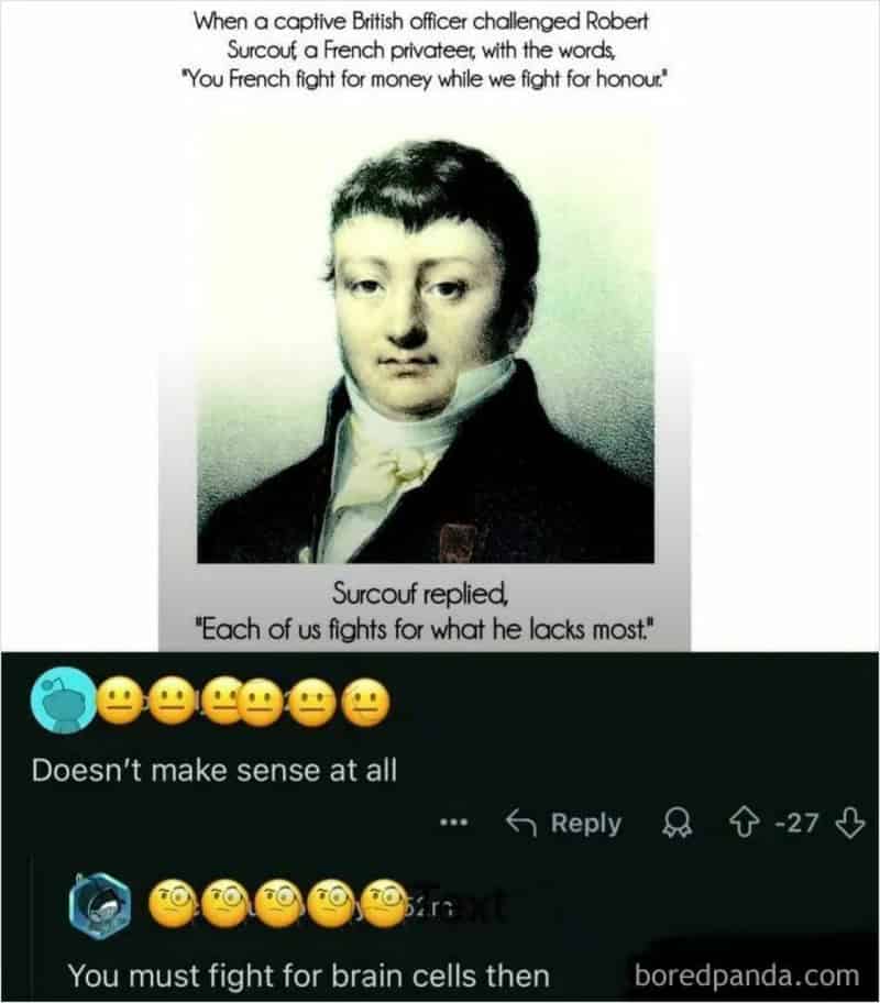 Historical image of Robert Surcouf with humorous modern social media comments.