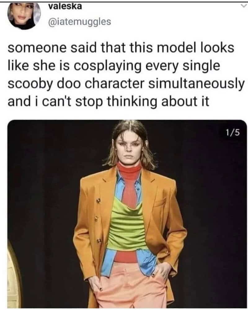 Model in colorful outfit resembling Scooby Doo character, with caption about cosplay.