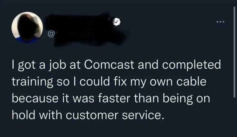 Person's tweet about fixing cable after job at Comcast.