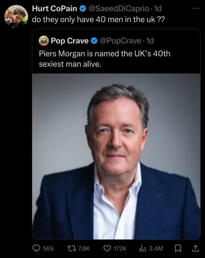 Hurt CoPain's tweet questioning UK men, with Pop Crave's tweet about Piers Morgan.