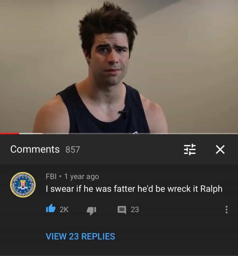 Man with dark hair and sleeveless shirt, looking confused, comments on Facebook.