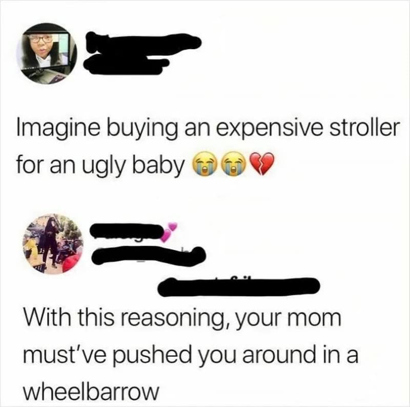 Social media post about buying an expensive stroller for an ugly baby, with a sarcastic comment.