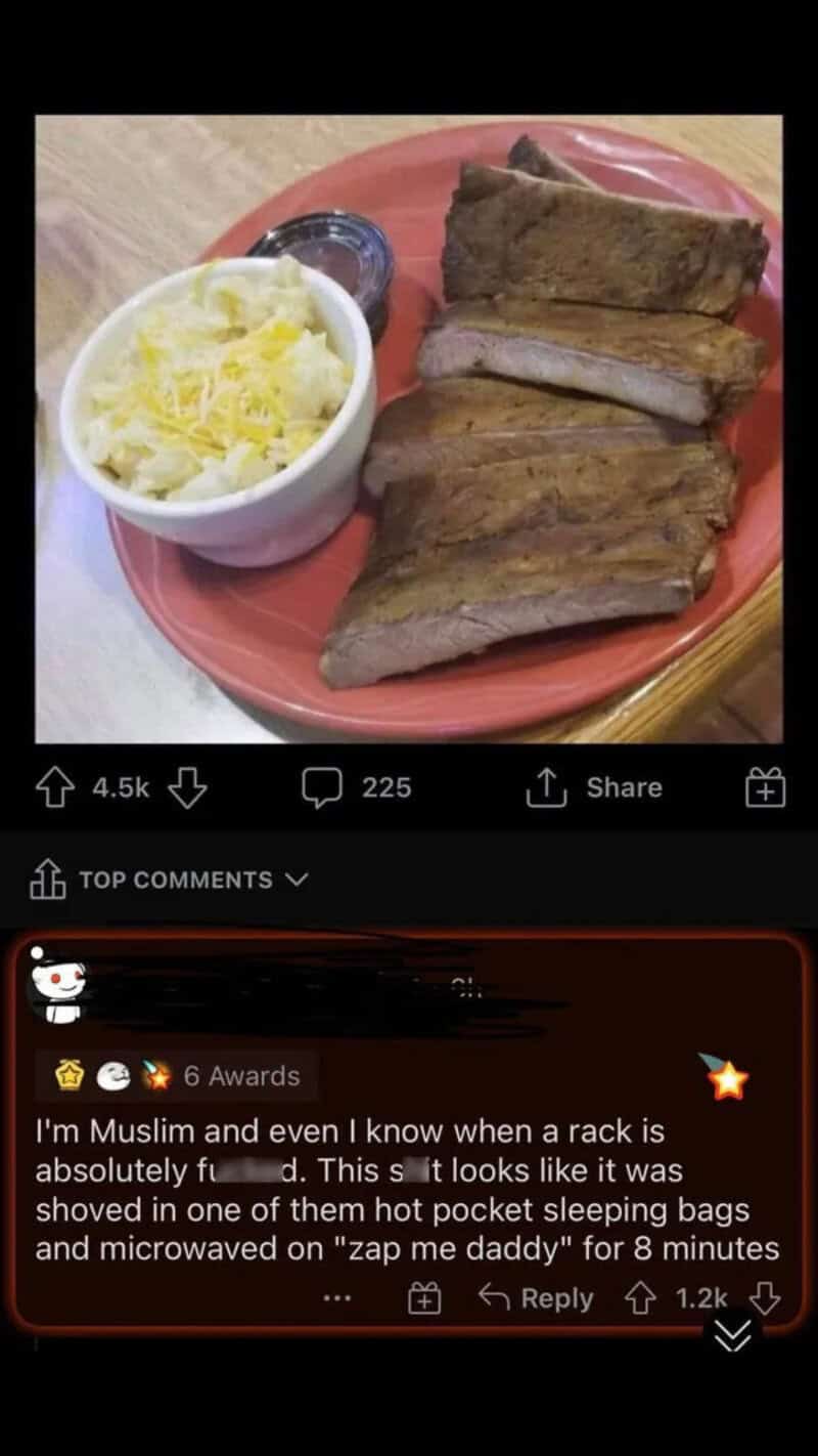 Plate with cooked ribs, mashed potatoes, and a small container of sauce.