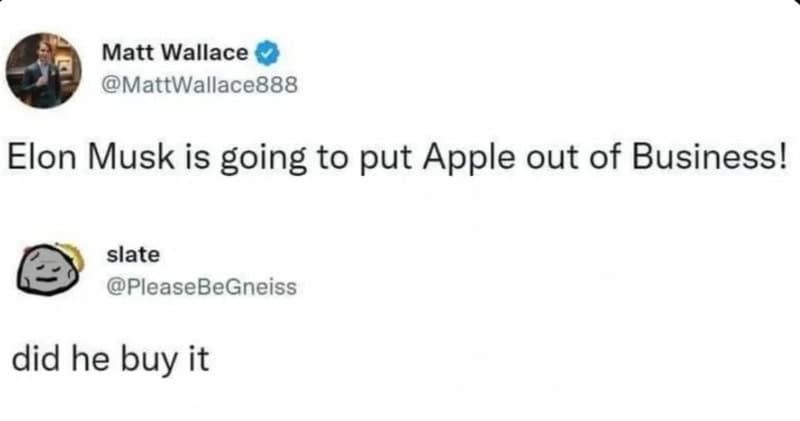 Twitter conversation about Elon Musk and Apple, with a meme reply.