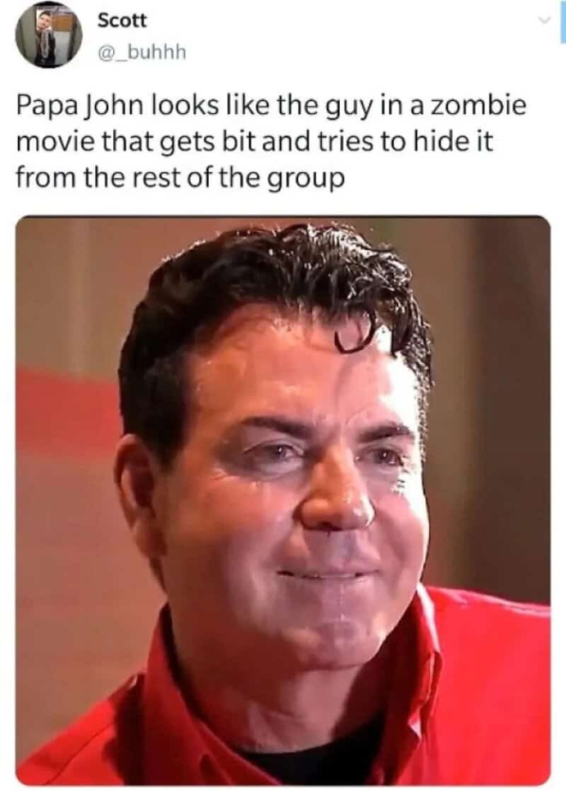 A man with dark hair and a red shirt smiling, with a caption about Papa John.