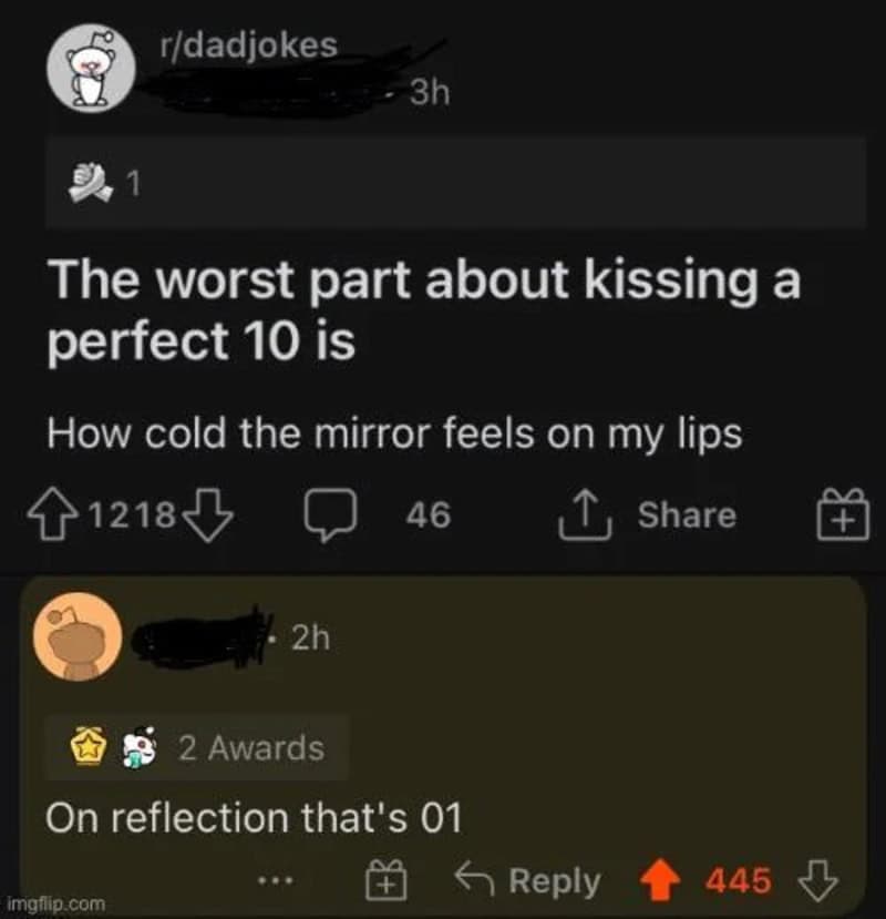 A social media post about kissing and reflection, with comments and awards.