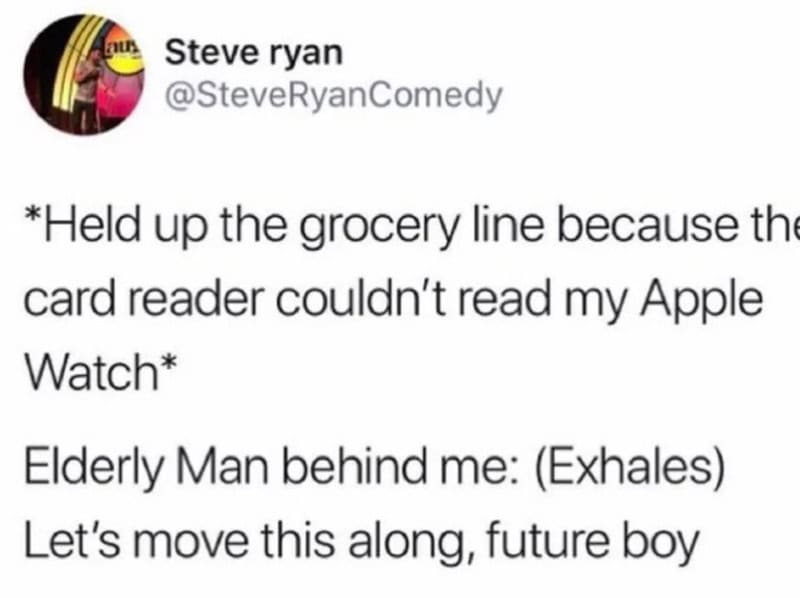 Humorous tweet about grocery line and elderly man behind.
