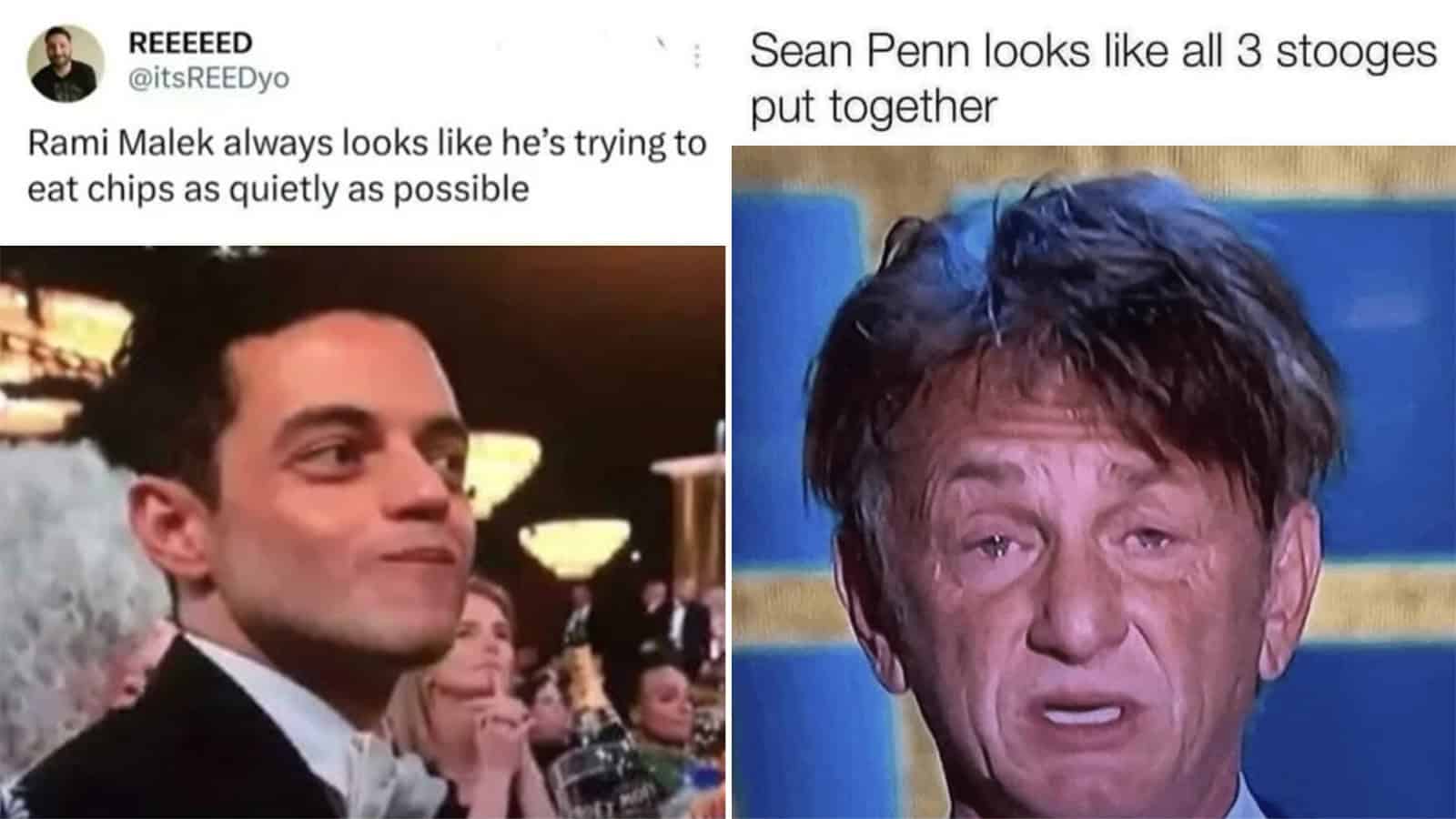 Rami Malek and Sean Penn with humorous captions about their looks and expressions.