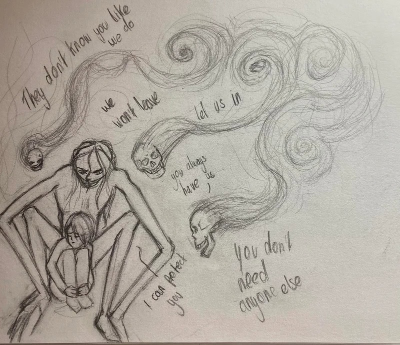 Drawing of a person with long hair surrounded by swirling smoke and skulls, with handwritten text.