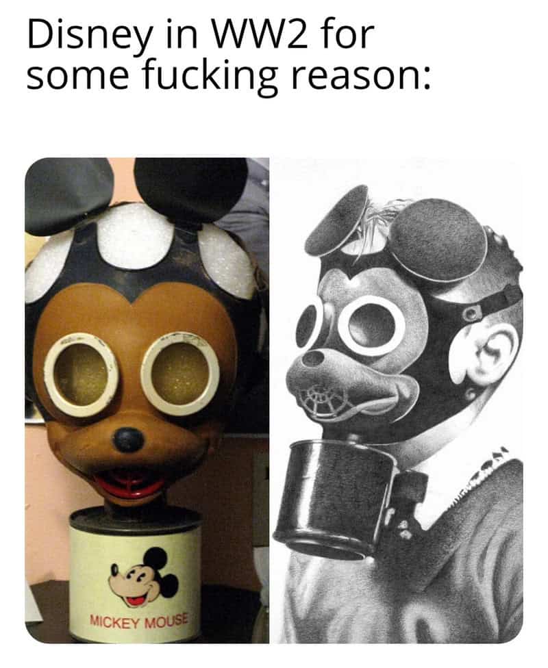 Mickey Mouse mask with large eye holes and a black and white photo of a person wearing a similar gas.