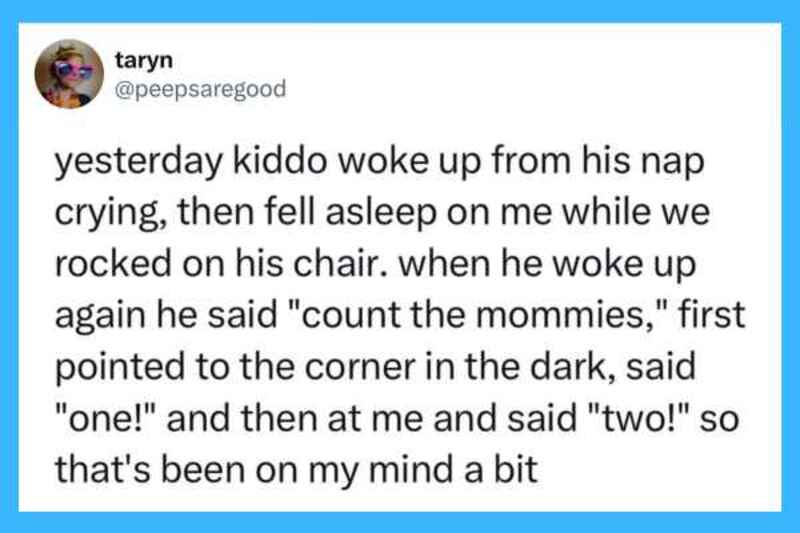 Child wakes up crying, points to corner, says 'one!' and 'two!'.