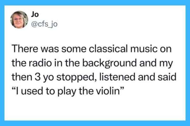 A social media post about a child stopping to listen to classical music on the radio.