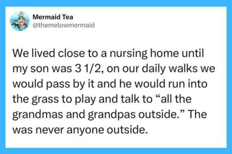 A social media post about a child's behavior during walks near a nursing home.