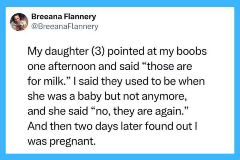 A social media post about a 3-year-old pointing at breasts and saying they are for milk.