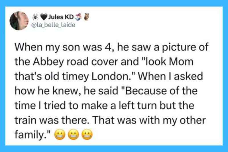 A social media post about a child's innocent misunderstanding of London and the Abbey Road cover.