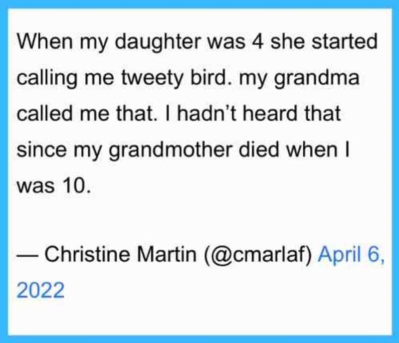 Text about a girl calling her dad Tweety Bird, with a date and author info.