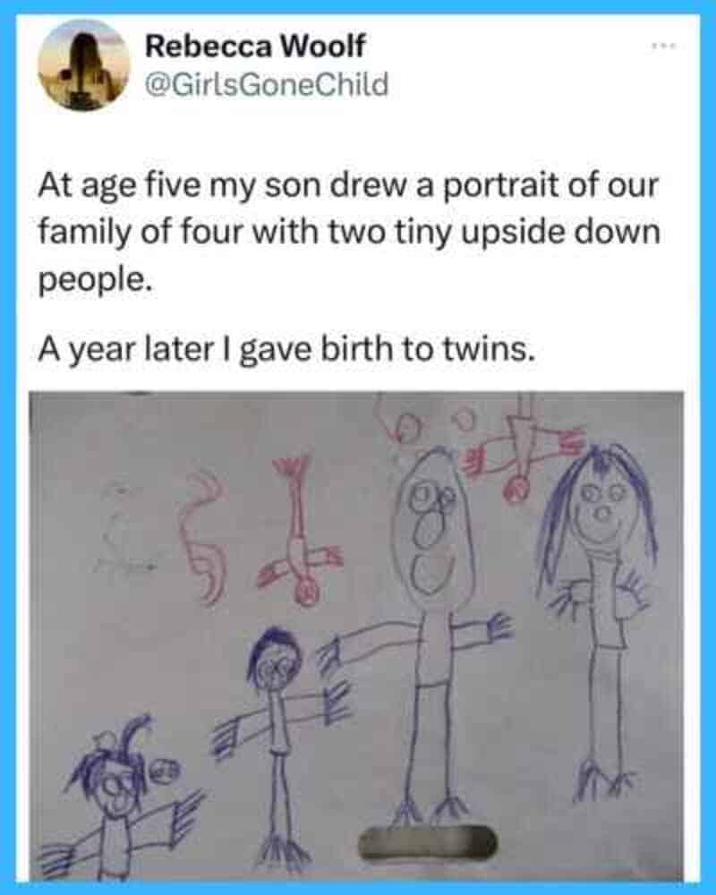Drawing of a family of four with two upside-down people, by a five-year-old.