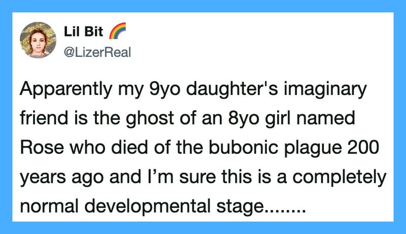 Twitter post about a 9-year-old's imaginary friend being a ghost of an 8-year-old girl named Rose.