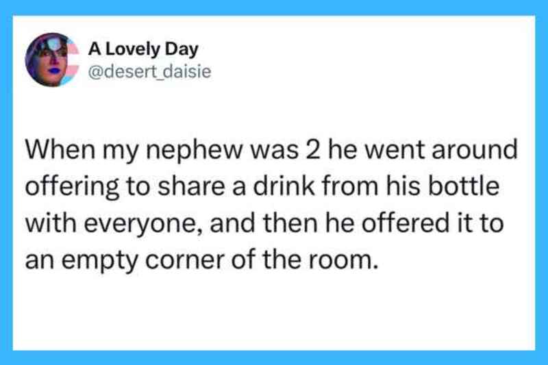 Child sharing drink from bottle with others, then offering it to an empty corner.