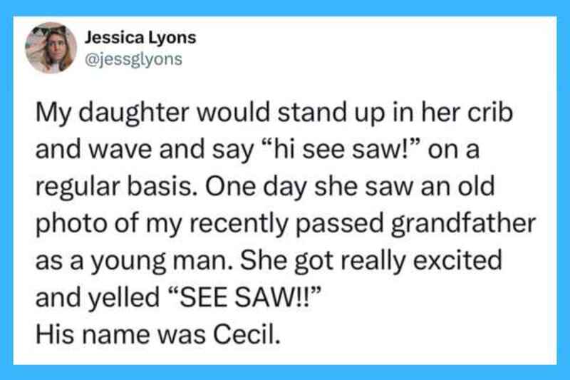 Child waving and saying 'hi see saw' in crib, excited about photo of grandfather.