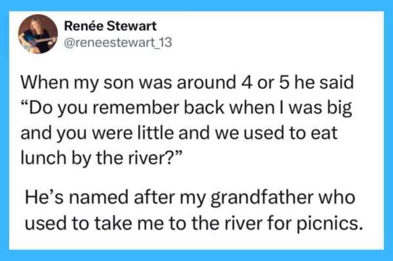 A social media post about a child's memory of a river picnic with grandfather.