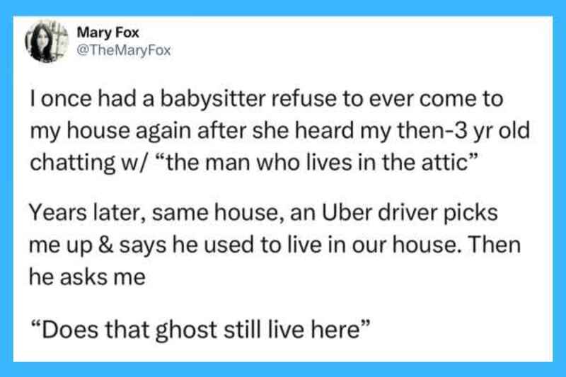 A tweet about a child's ghost question, mentioning a babysitter and an Uber driver.